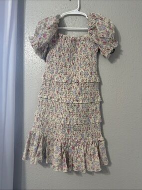 Katie J NYC Cream Floral Smocked Dress with Pink & Lavender Blooms